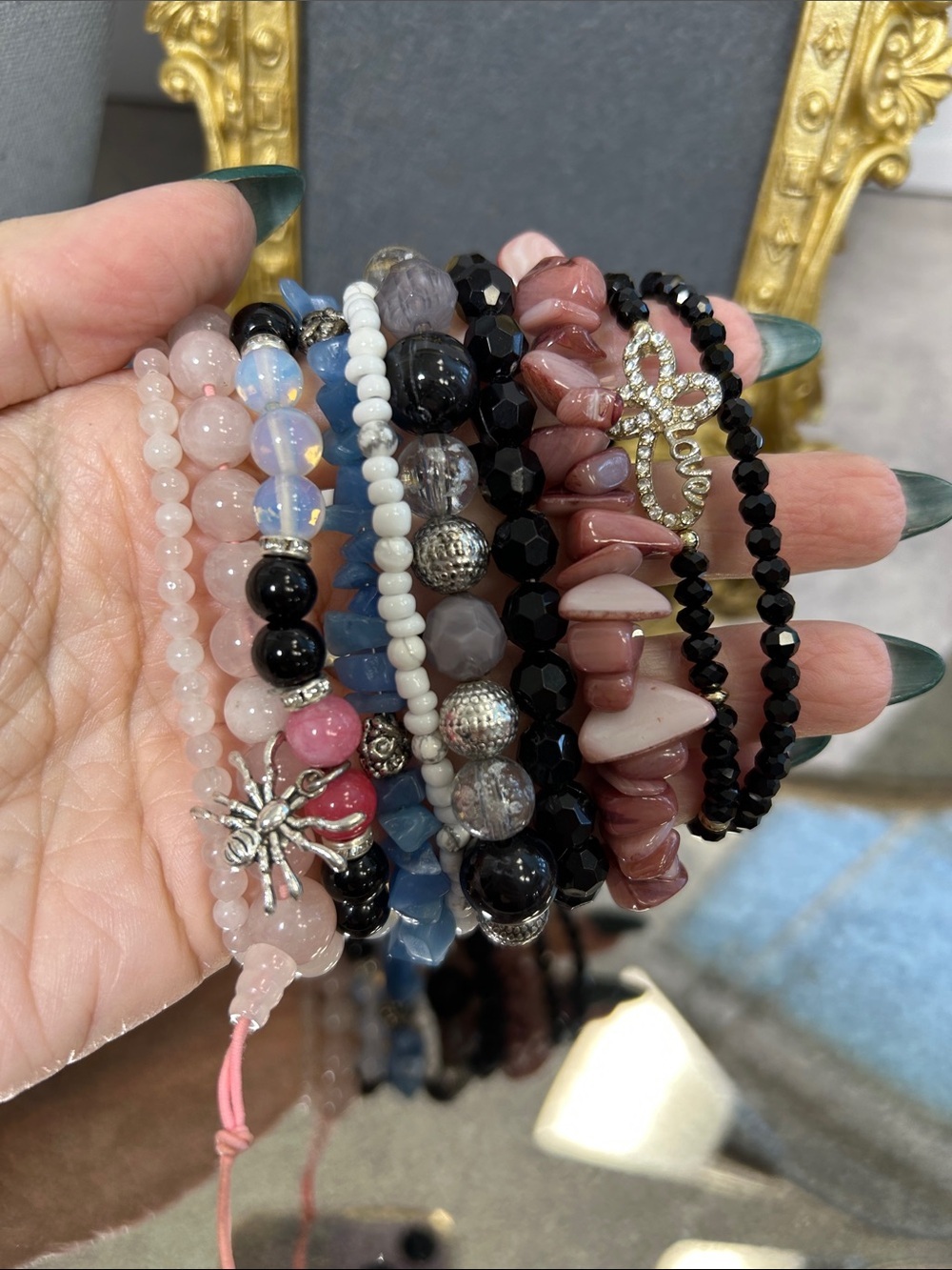 Bundle of Stackable Pink, Black & Blue Beaded Bracelet Set - Women Jewelry